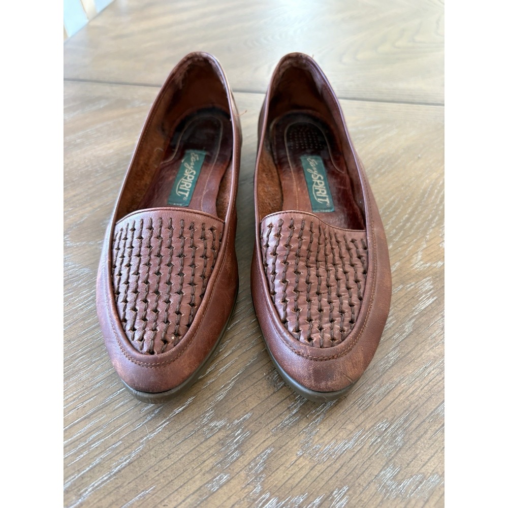 Easy Spirit Vintage Brown Leather Woven Vamp Slip On Loafers Flats Womens 6.5